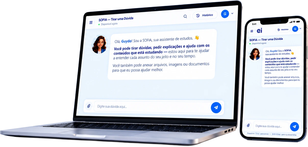 Tela da Sofia em um notebook e em um celular, com a sauda��o 'Ol�, Guydo! Sou a SOFIA, sua assistente de estudos', explicando que � poss�vel tirar d�vidas, pedir explica��es e ajuda com os conte�dos que est� estudando.