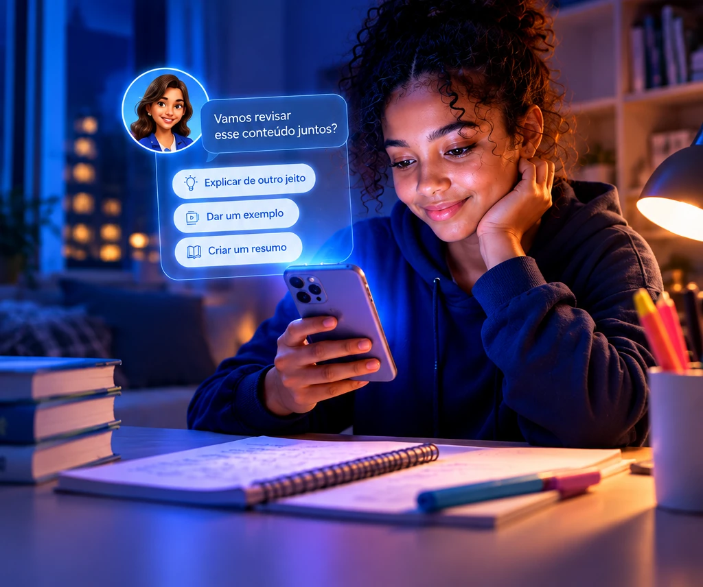 Estudante � noite, sorrindo enquanto usa o celular, com um bal�o de chat da SOFIA flutuando ao lado sugerindo 'Explicar de outro jeito', 'Dar um exemplo' e 'Criar um resumo'.