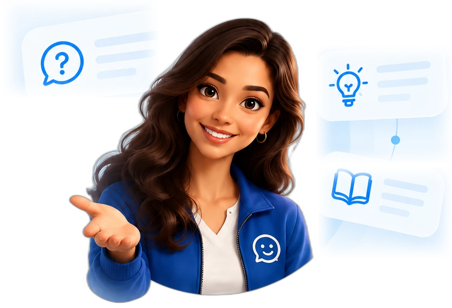Ilustra��o da SOFIA sorrindo e gesticulando, com cart�es flutuantes de d�vida, ideia e leitura ao redor.